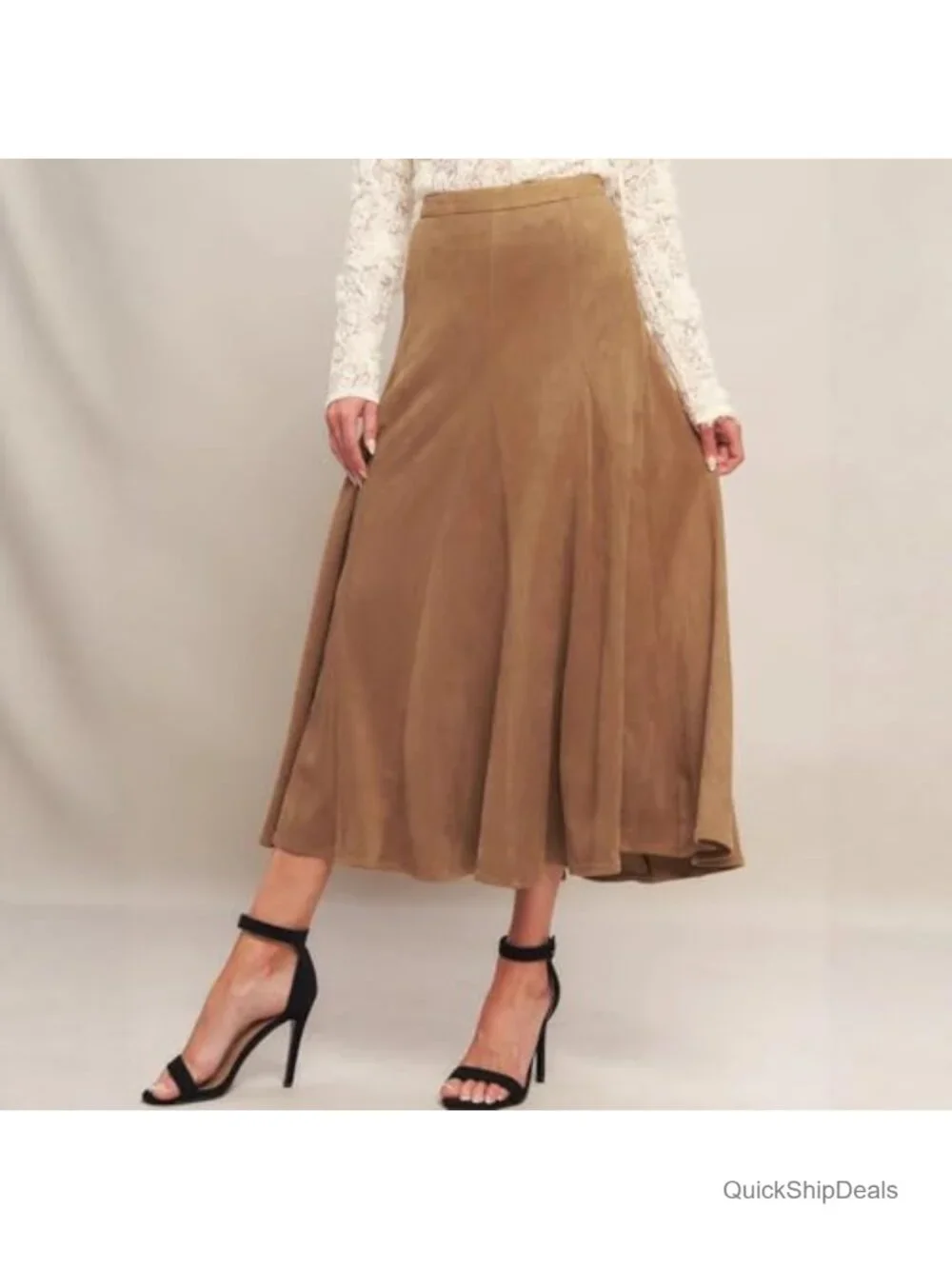 Faux Suede Midi Skirt High Waisted Ruffle A Line Flared Fall Winter Long
